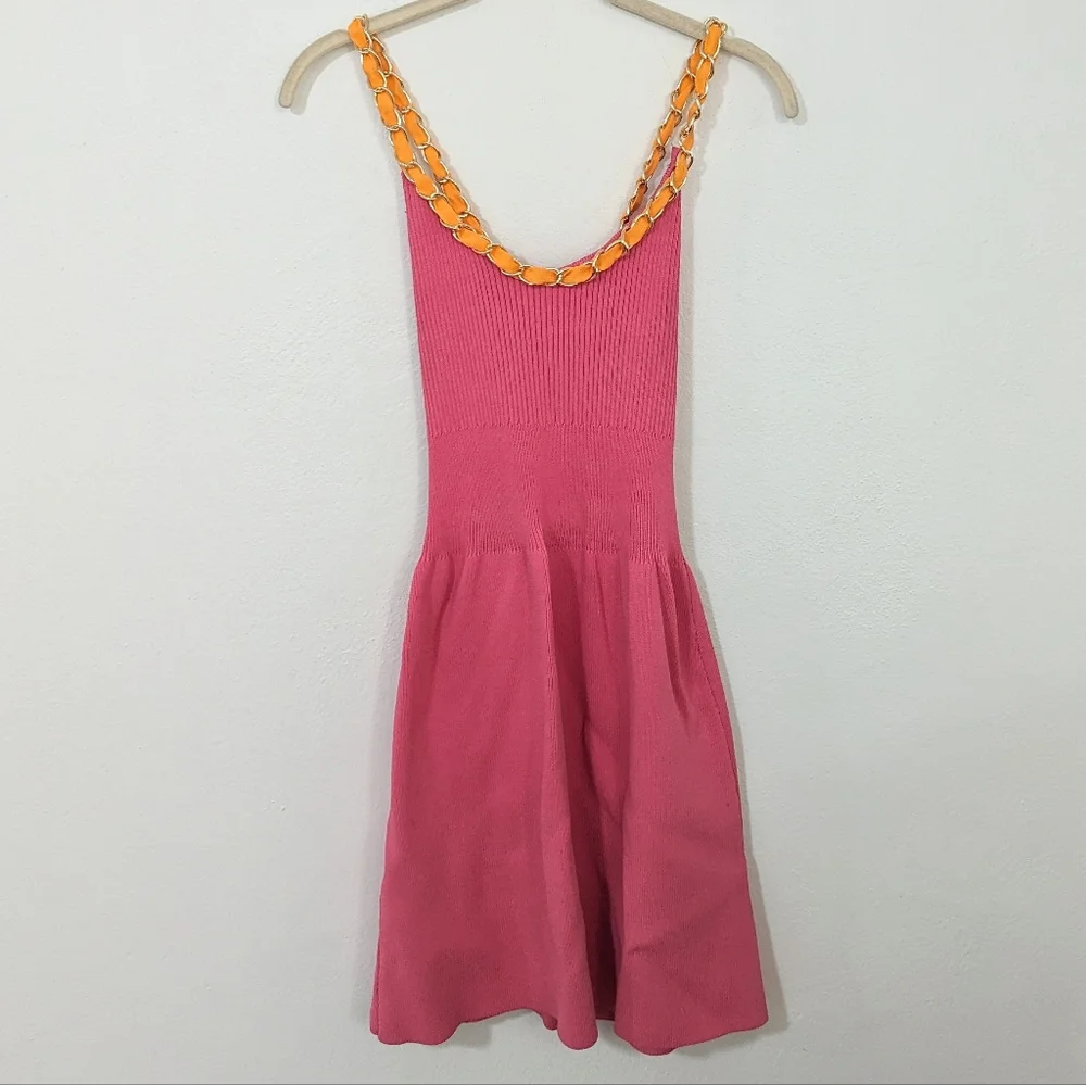 Zara Ribbed Knit Skater Dress Contrast Gold Chain Cross Back Mini Pink Medium M